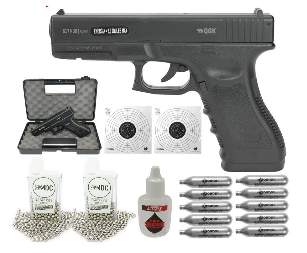 Pistola de Pressão Gás CO2 Glock G17 4,5mm QGK + KIT Pro
