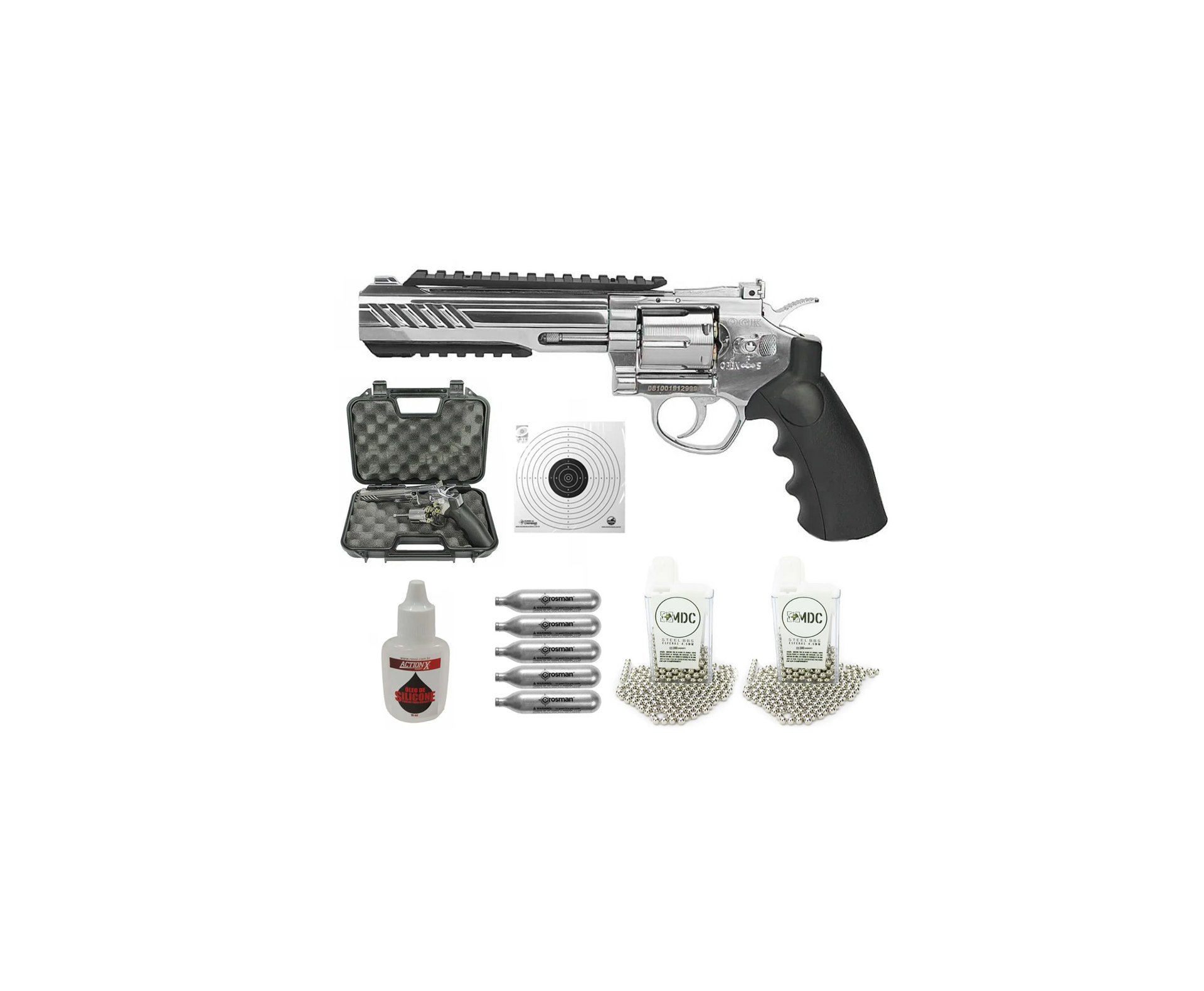 Revólver Pressão Gás CO2 Titan 6" Inox S Full Metal Esferas de aço 6mm QGK + Case + BBs + CO2