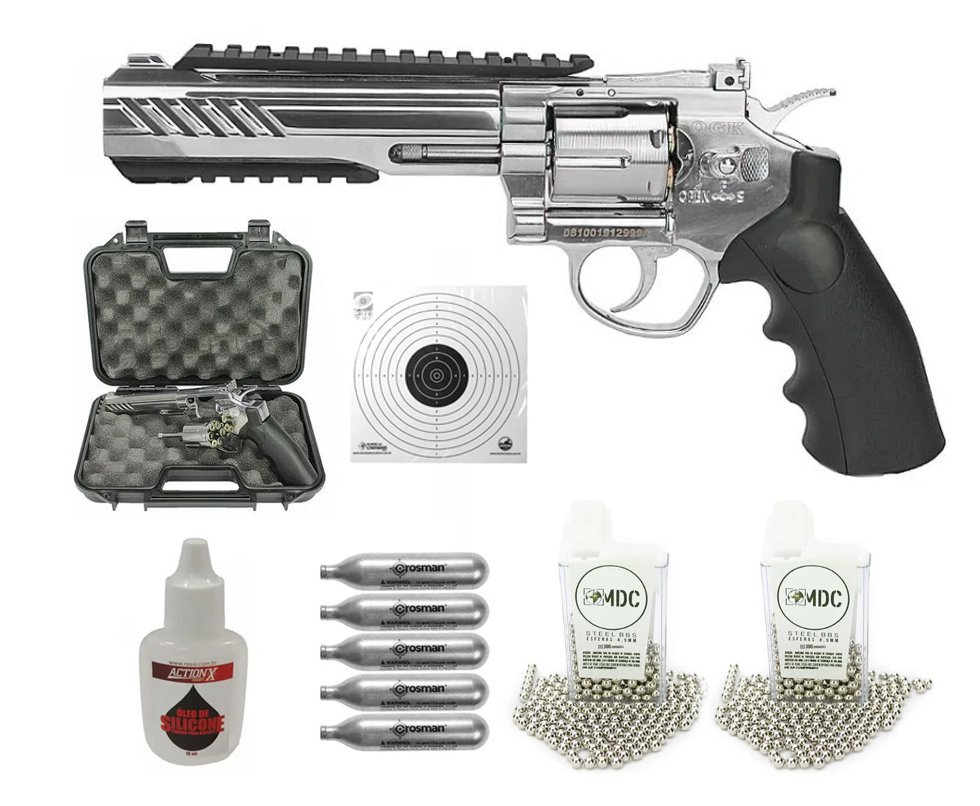 Revólver Pressão Gás CO2 Titan 6" Inox S Full Metal Esferas de aço 6mm QGK + Case + BBs + CO2