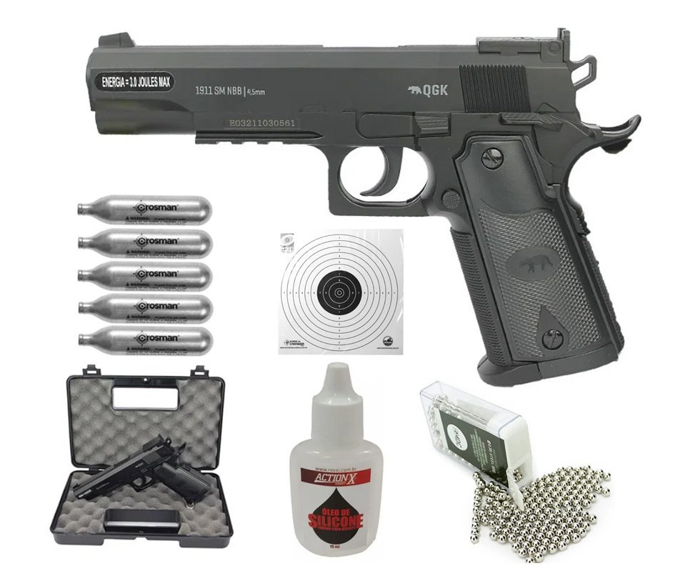Pistola de Pressão Gás Co2 Colt 1911 4,5mm Power 3 Joules QGK + KIT