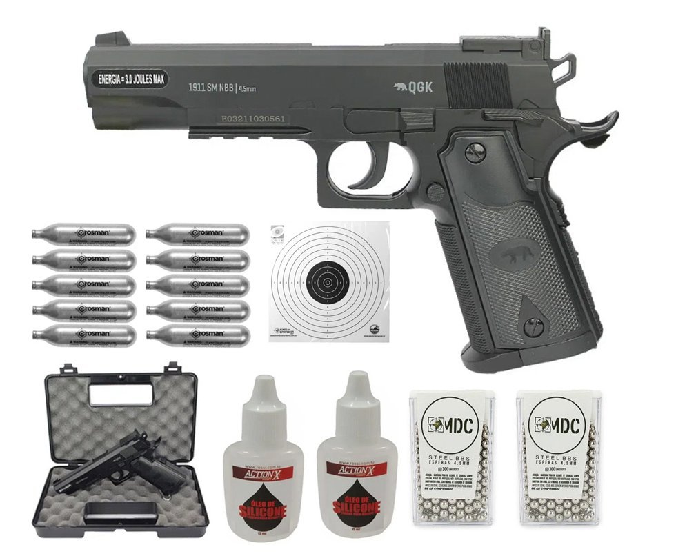 Pistola de Pressão Gás Co2 Colt 1911 4,5mm Power 3 Joules QGK + KIT PRO