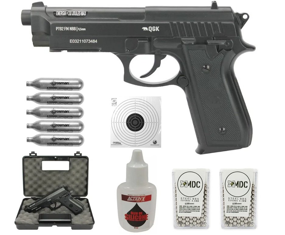 Pistola de Pressão Gás CO2 PT92 Full Metal 4,5mm QGK + KIT