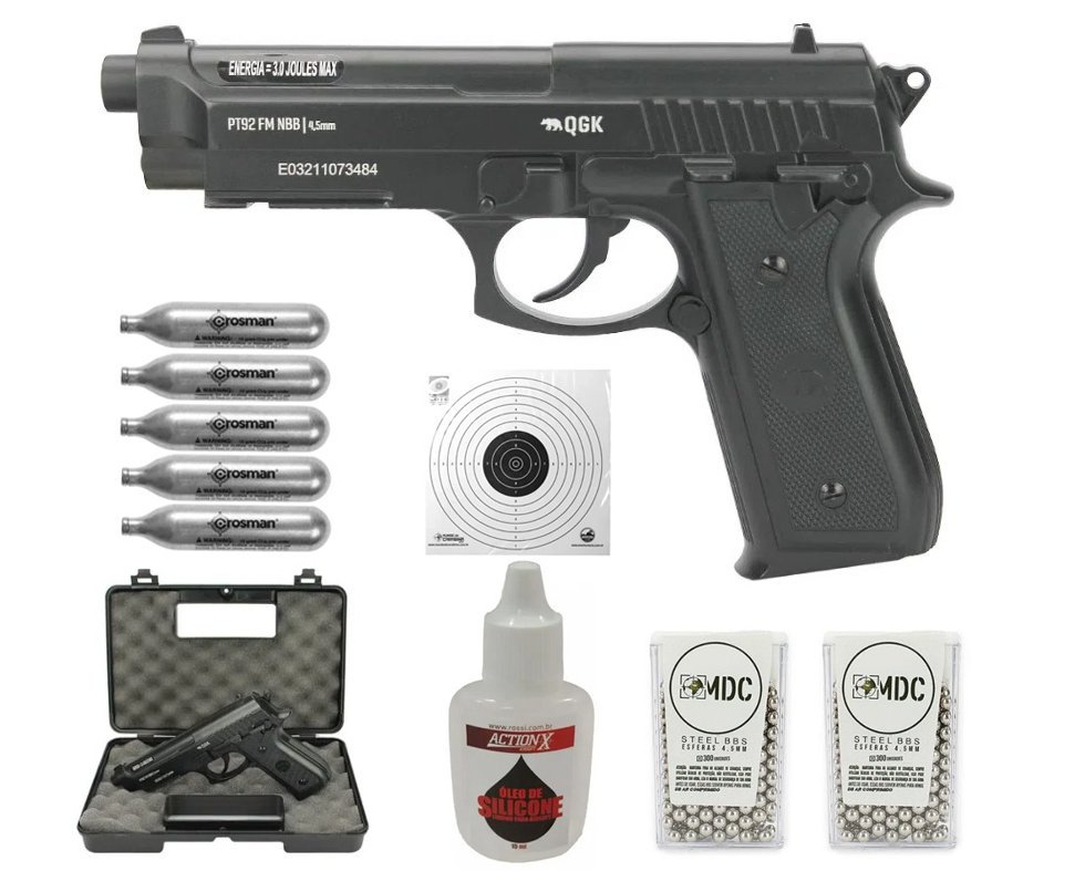 Pistola de Pressão Gás CO2 PT92 Full Metal 4,5mm QGK + KIT