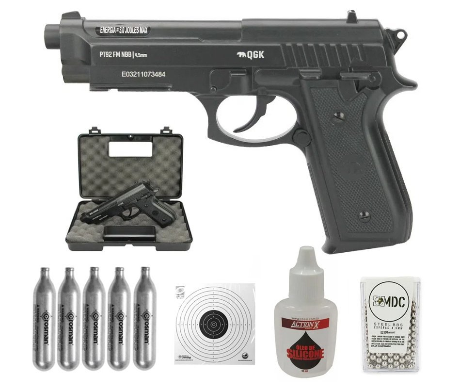 Pistola de Pressão Gás Co2 PT92 4,5mm Power 3 Joules QGK + KIT