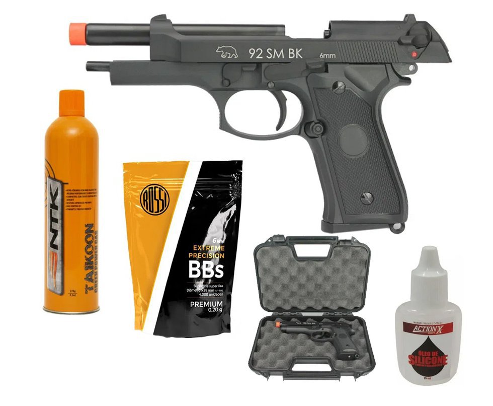 Pistola de Airsoft GBB gás Green Gás M92 A1 Slide Metal Blowback 6mm + Case - QGK + KIT