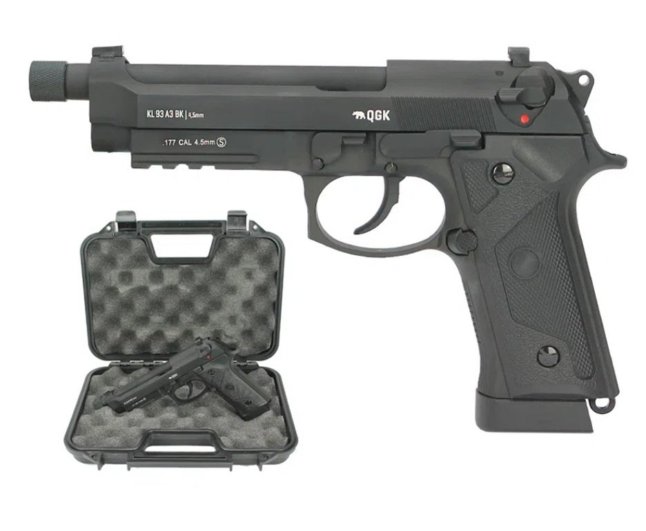 Pistola Pressão Gás CO2 KL93 Beretta M9 A3 Black Full Metal GBB Blowback 4,5mm QGK + KIT PRO