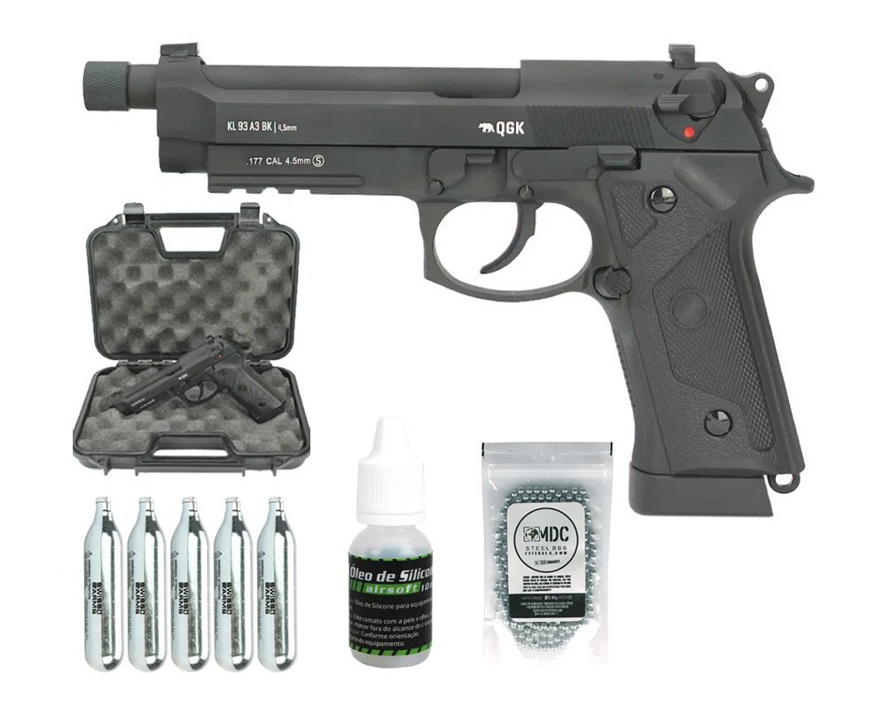 Pistola Pressão Gás CO2 KL93 Beretta M9 A3 Black Full Metal GBB Blowback 4,5mm QGK + KIT PRO