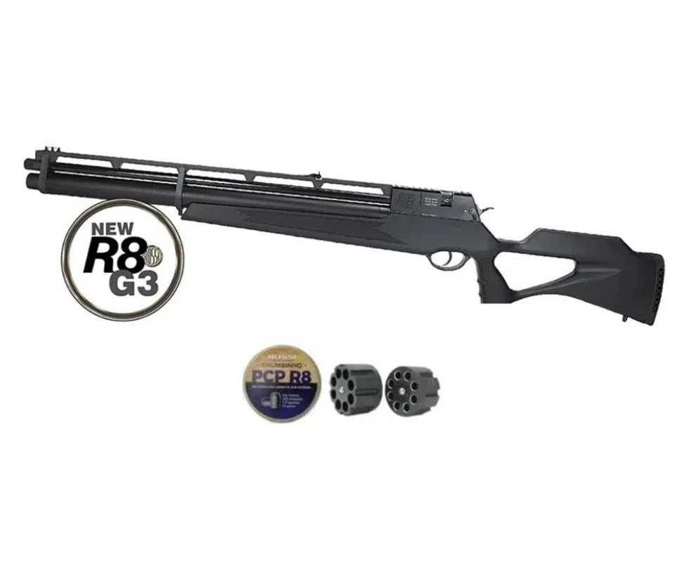 Carabina De Pressão PCP Rossi R8 G3 Black Alto Fluxo STD 6.35mm 8 Tiros + Supressor