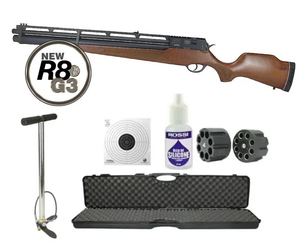 Carabina De Pressão PCP Rossi R8 G3 Madeira 6.35mm 8 Tiros Alto Fluxo + Bomba + Case