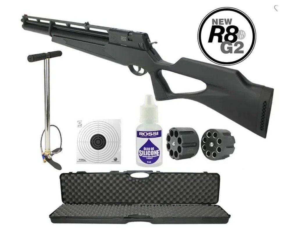 Carabina De Pressão PCP Rossi R8 G2 Black 6.35mm 8 Tiros + Bomba + Case