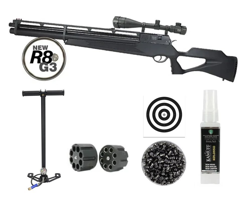 Carabina De Pressão PCP Rossi R8 G3 Black STD 6.35mm 8 Tiros + Bomba + Luneta 6-24X50