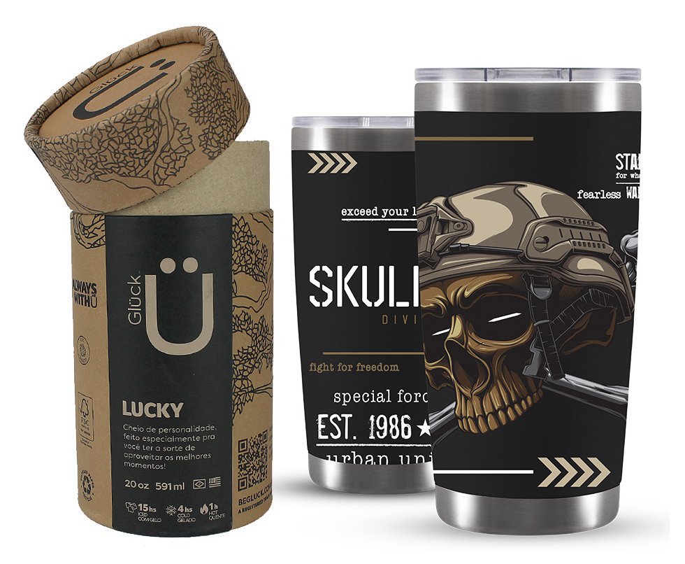 Copo Térmico Gluck Para Cerveja Lucky Skull Division Military 591ml Inox Black