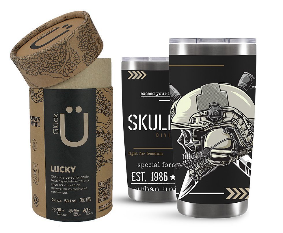 Copo Térmico Gluck Para Cerveja Lucky Skull Division Warrior 591ml Inox Black