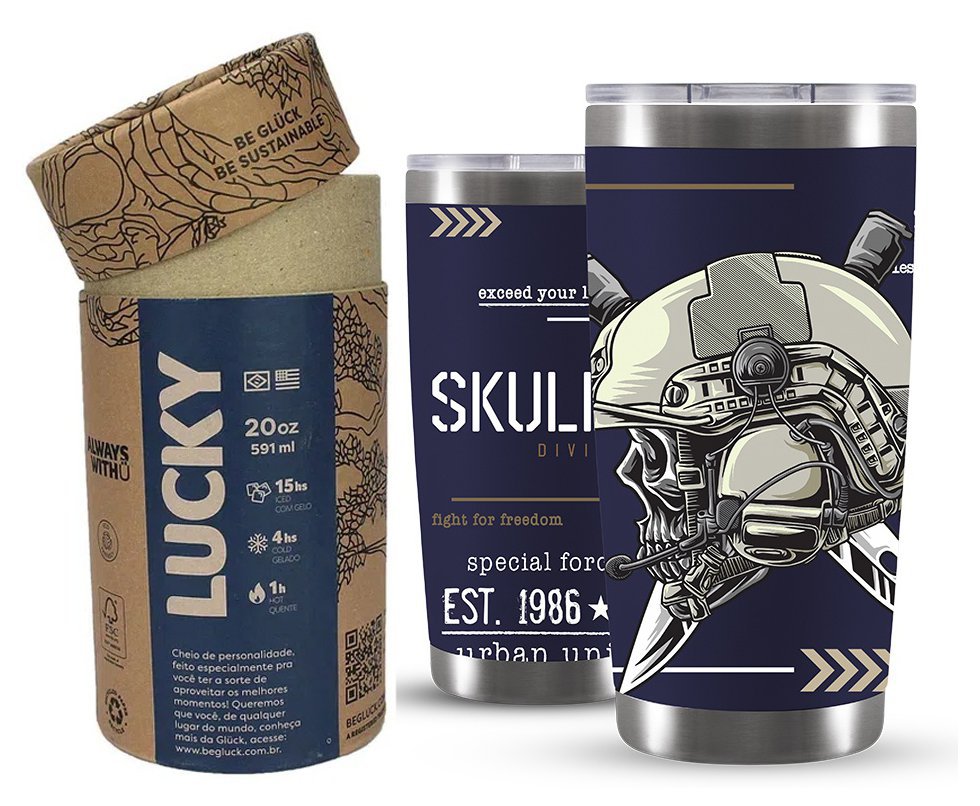 Copo Térmico Gluck Para Cerveja Lucky Skull Division Military 591ml Inox Night Blue