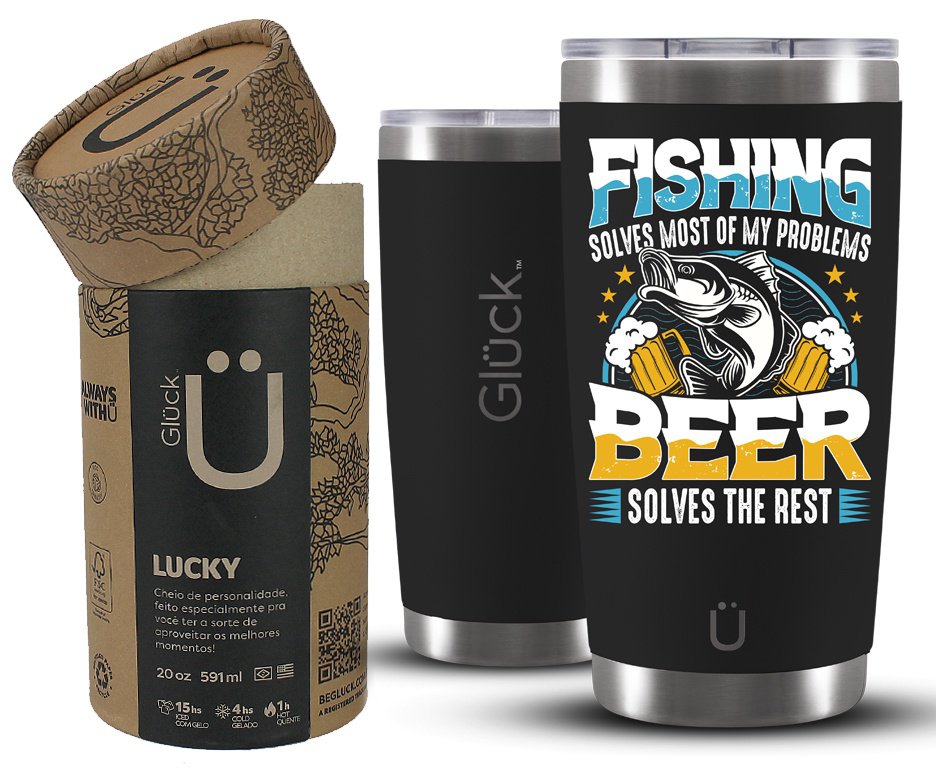 Copo Térmico Gluck Lucky Future Fishing & Beer Solves 591ml Inox Black