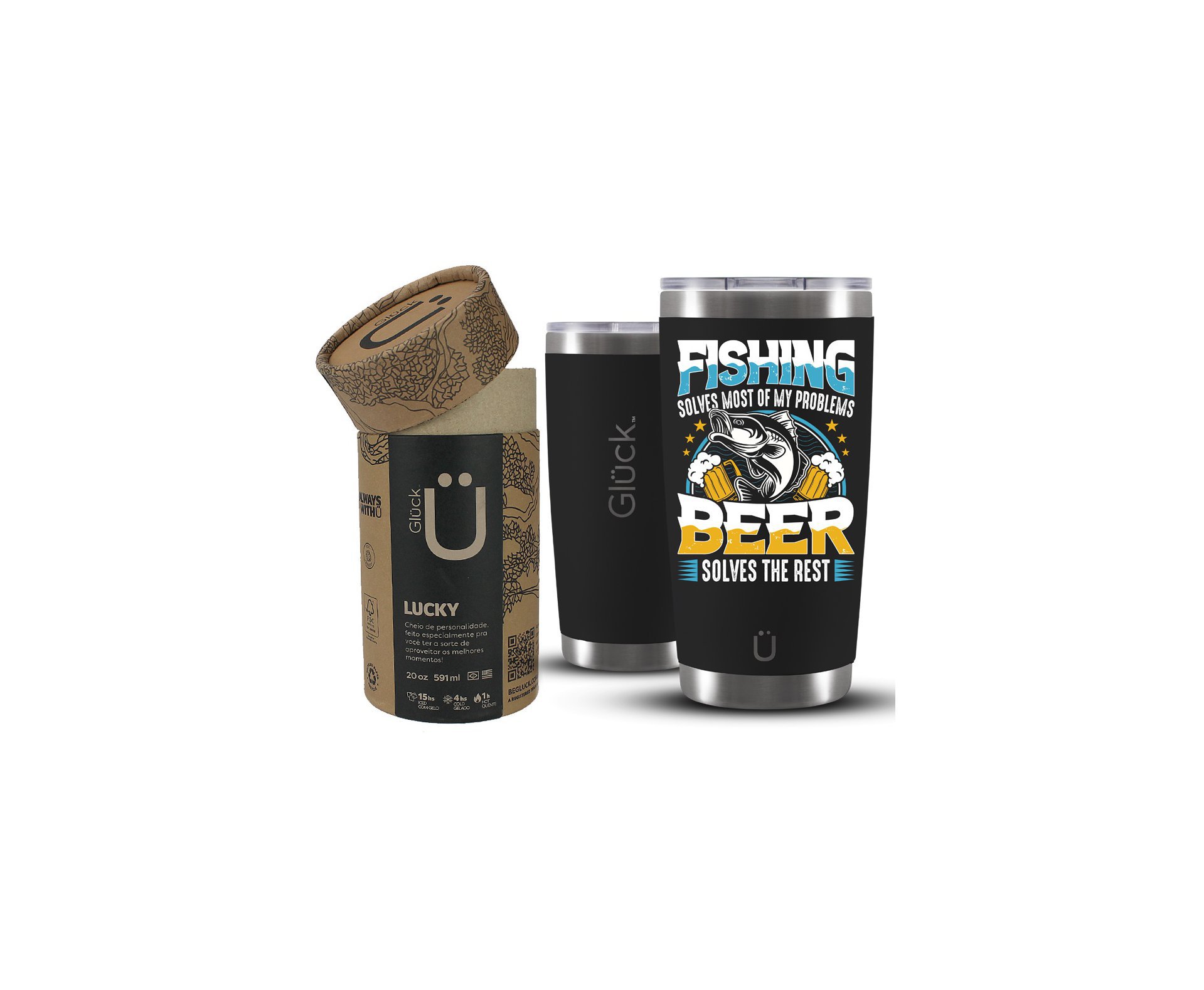 Copo Térmico Gluck Para Cerveja Lucky Future Fishing & Beer Solves 591ml Inox Black