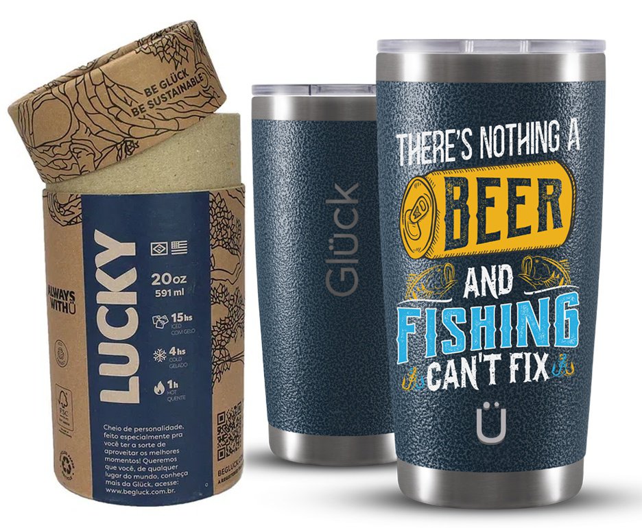 Copo Térmico Gluck Para Cerveja Lucky Future Fishing & Beer Cant Fix 591ml Inox Hammer Blue Gluck