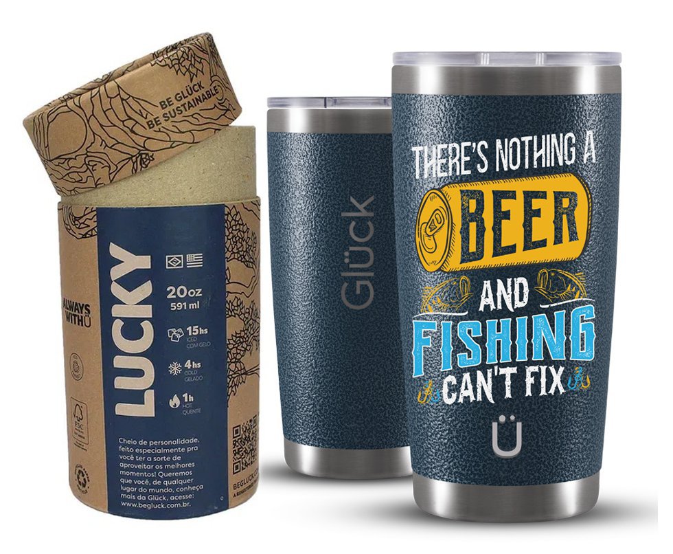 Copo Térmico Gluck Para Cerveja Lucky Future Fishing & Beer Cant Fix 591ml Inox Hammer Blue Gluck