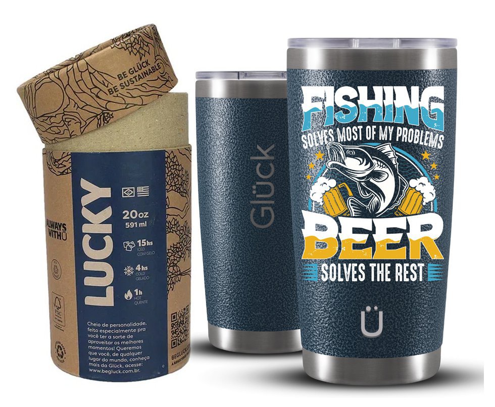 Copo Térmico Gluck Lucky Future Fishing & Beer Solves 591ml Inox Hammer Blue