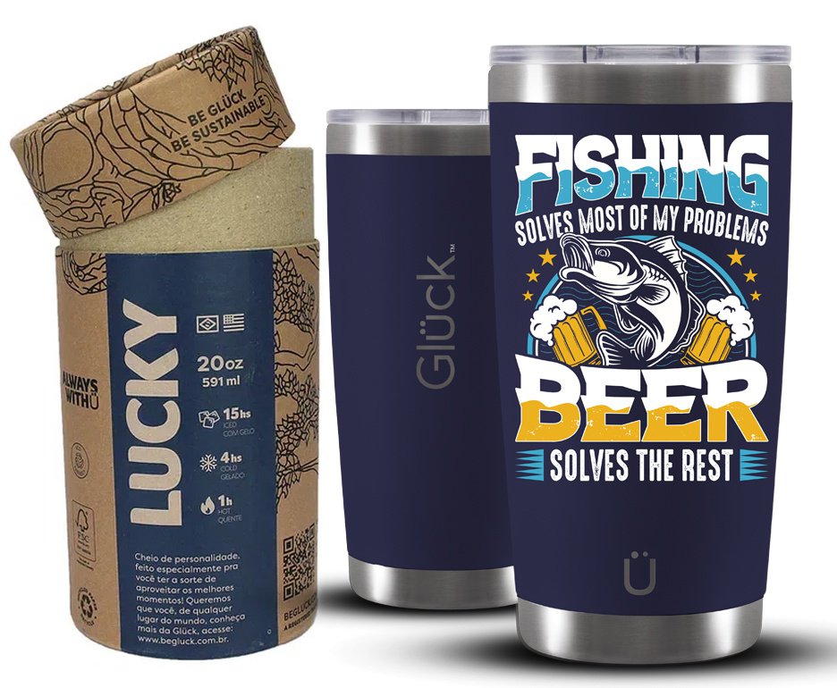 Copo Térmico Gluck Lucky Future Fishing & Beer Solves 591ml Inox  Nigth Blue