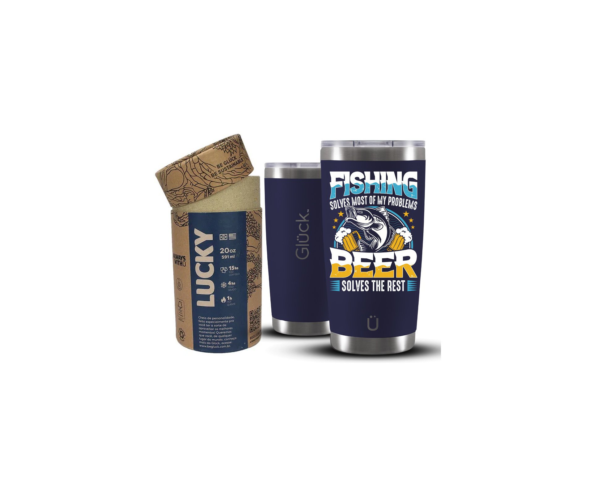 Copo Térmico Gluck Para Cerveja Lucky Future Fishing & Beer Solves 591ml Inox  Nigth Blue