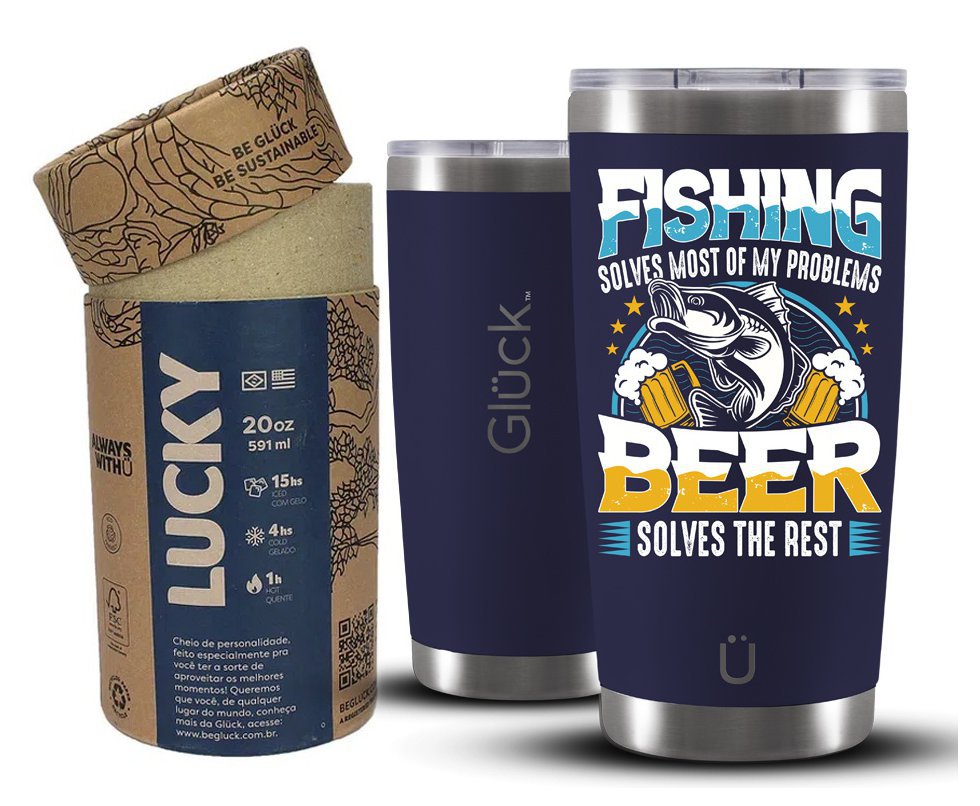 Copo Térmico Gluck Lucky Future Fishing & Beer Solves 591ml Inox Nigth Blue