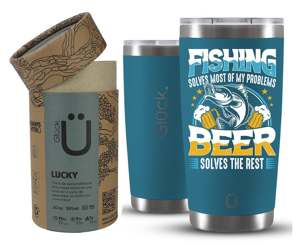 Copo Térmico Gluck Lucky Future Fishing & Beer Solves 591ml Inox Porsches Blue