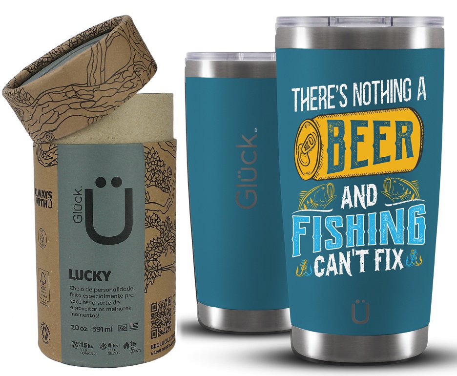 Copo Térmico Gluck Para Cerveja Lucky Future Fishing & Beer Cant Fix 591ml Inox Porsche Blue