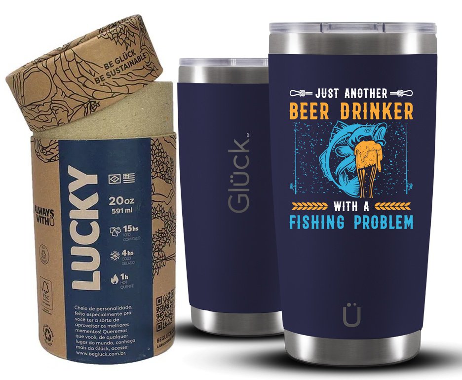 Copo Térmico Gluck Para Cerveja Lucky Future Fishing & Beer Drinker 591ml Inox Night Blue