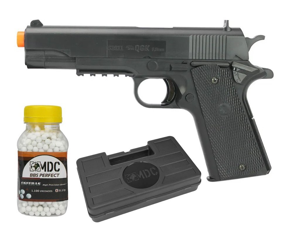 Pistola de Airsoft 1911 Black Spring 6mm - QGK + Case + Bbs