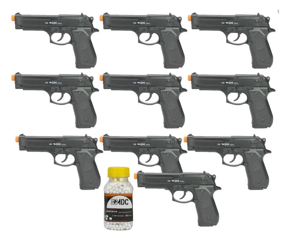 KIt Atacado 10 Pistola de Airsoft Beretta M92 S92 Spring 6mm - QGK + BBS
