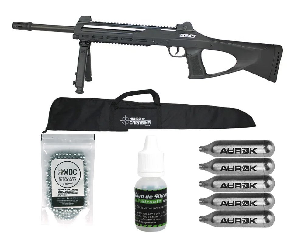 Carabina Rifle de Pressão CO2 TAC 45 Semi Auto 21 BBs Aço 4,5mm ASG + BBs Aço + 05 Ampolas CO2 + Capa