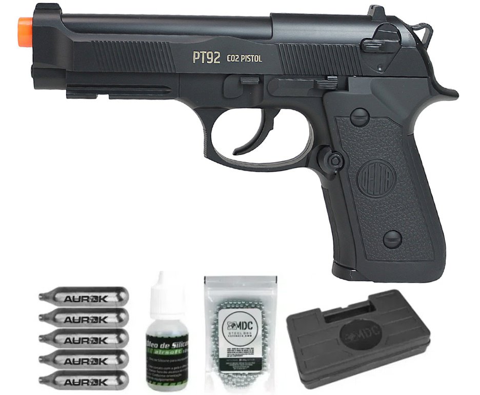 Pistola de Pressão Rossi CO2 PT92 6mm esfera aço Delta + Case + Bbs + Co2