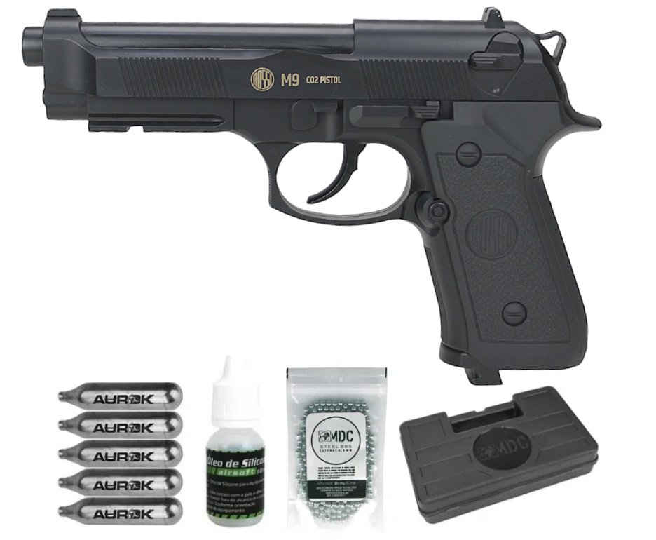 Pistola de Pressão Rossi CO2 Beretta M9 6mm esfera aço Wingun + Case + Bbs + Co2