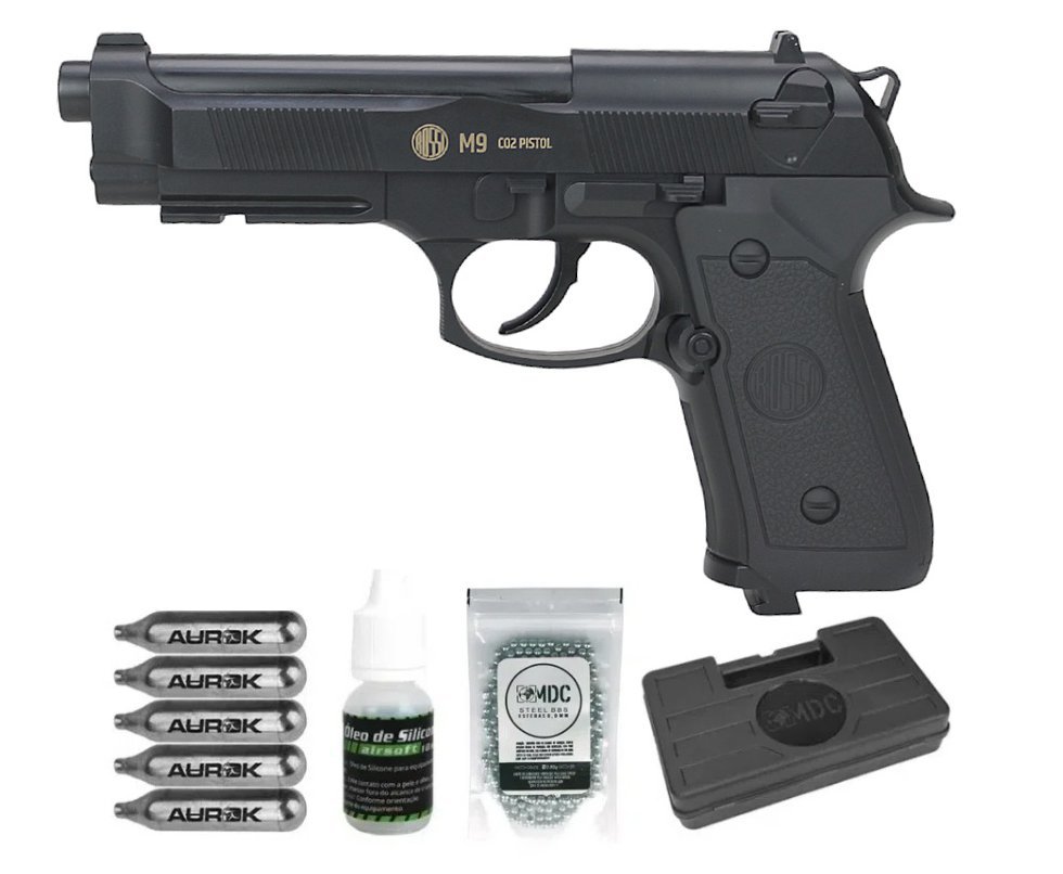 Pistola de Pressão Rossi CO2 Beretta M9 6mm esfera aço Wingun + Case + Bbs + Co2