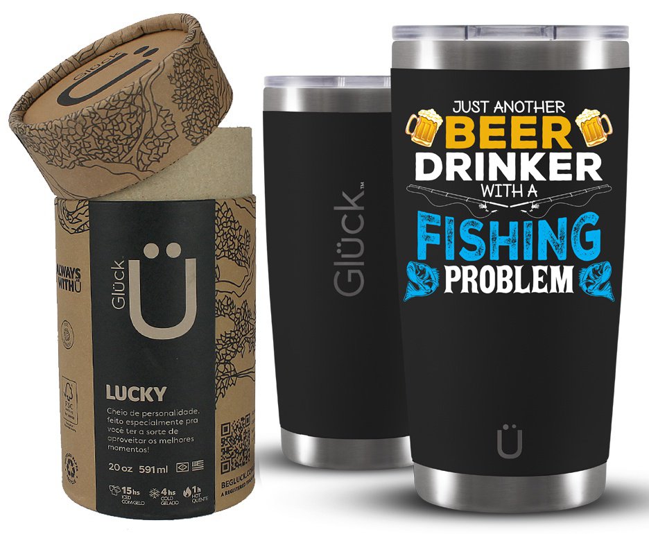 Copo Térmico Gluck Para Cerveja Lucky Future Fishing & Beer Problem 591ml Inox Black