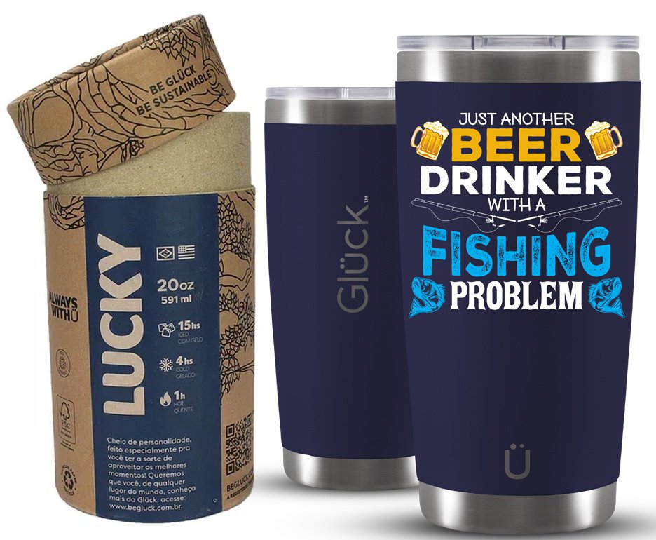 Copo Térmico Gluck Para Cerveja Lucky Future Fishing & Beer Problem 591ml Inox  Night Blue