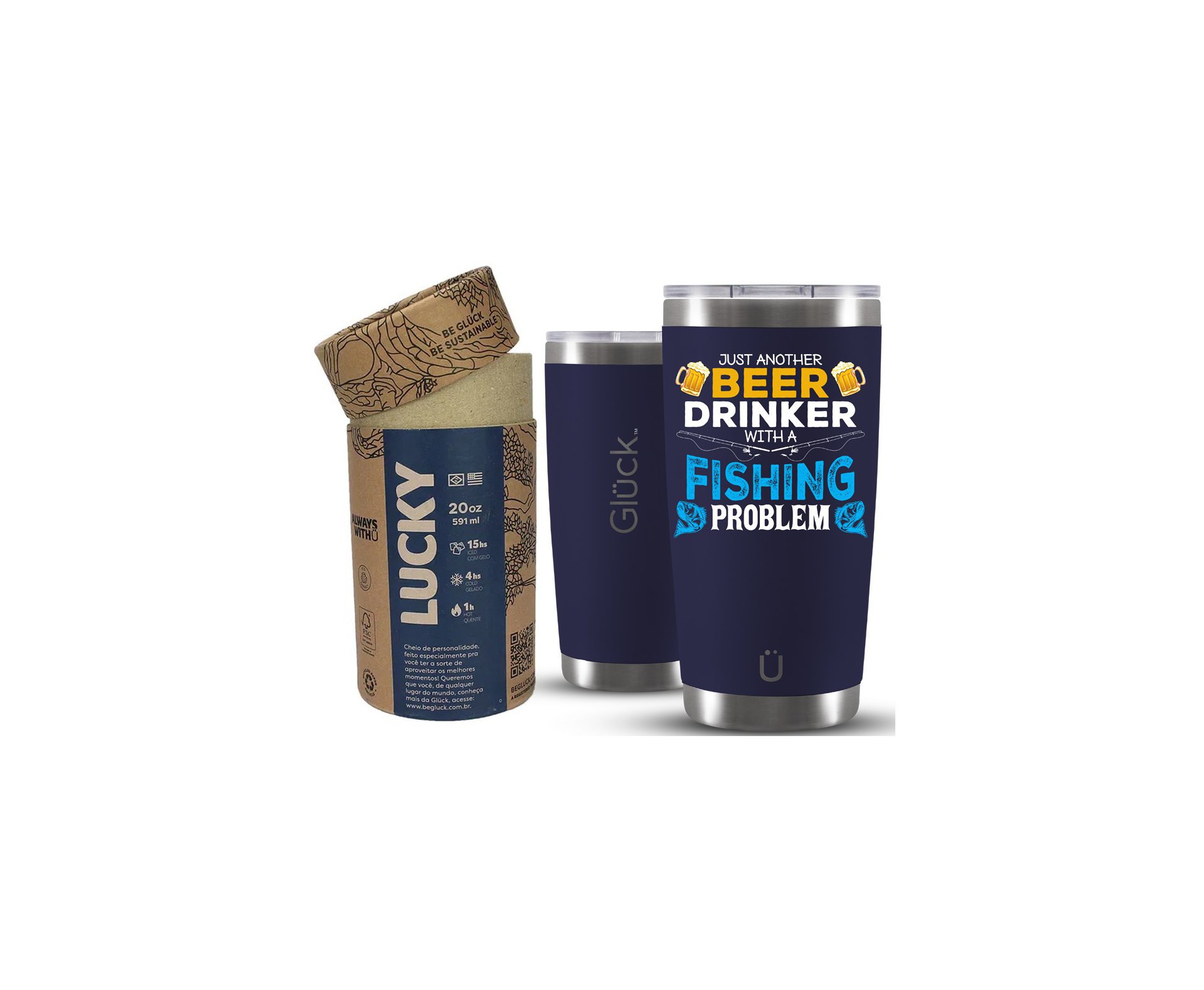 Copo Térmico Gluck Para Cerveja Lucky Future Fishing & Beer Problem 591ml Inox  Night Blue