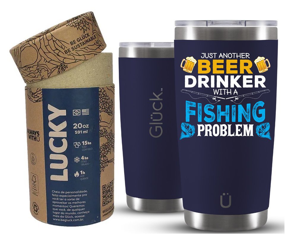 Copo Térmico Gluck Para Cerveja Lucky Future Fishing & Beer Problem 591ml Inox  Night Blue