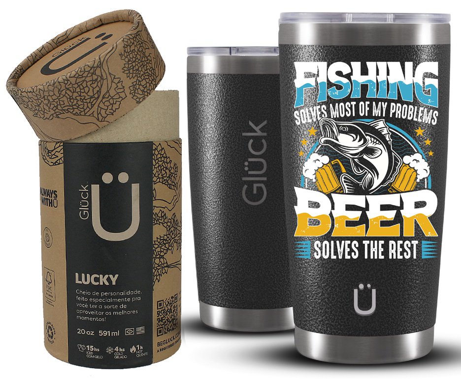 Copo Térmico Gluck Para Cerveja Lucky Future Fishing & Beer Solves 591ml Inox Hammer Black