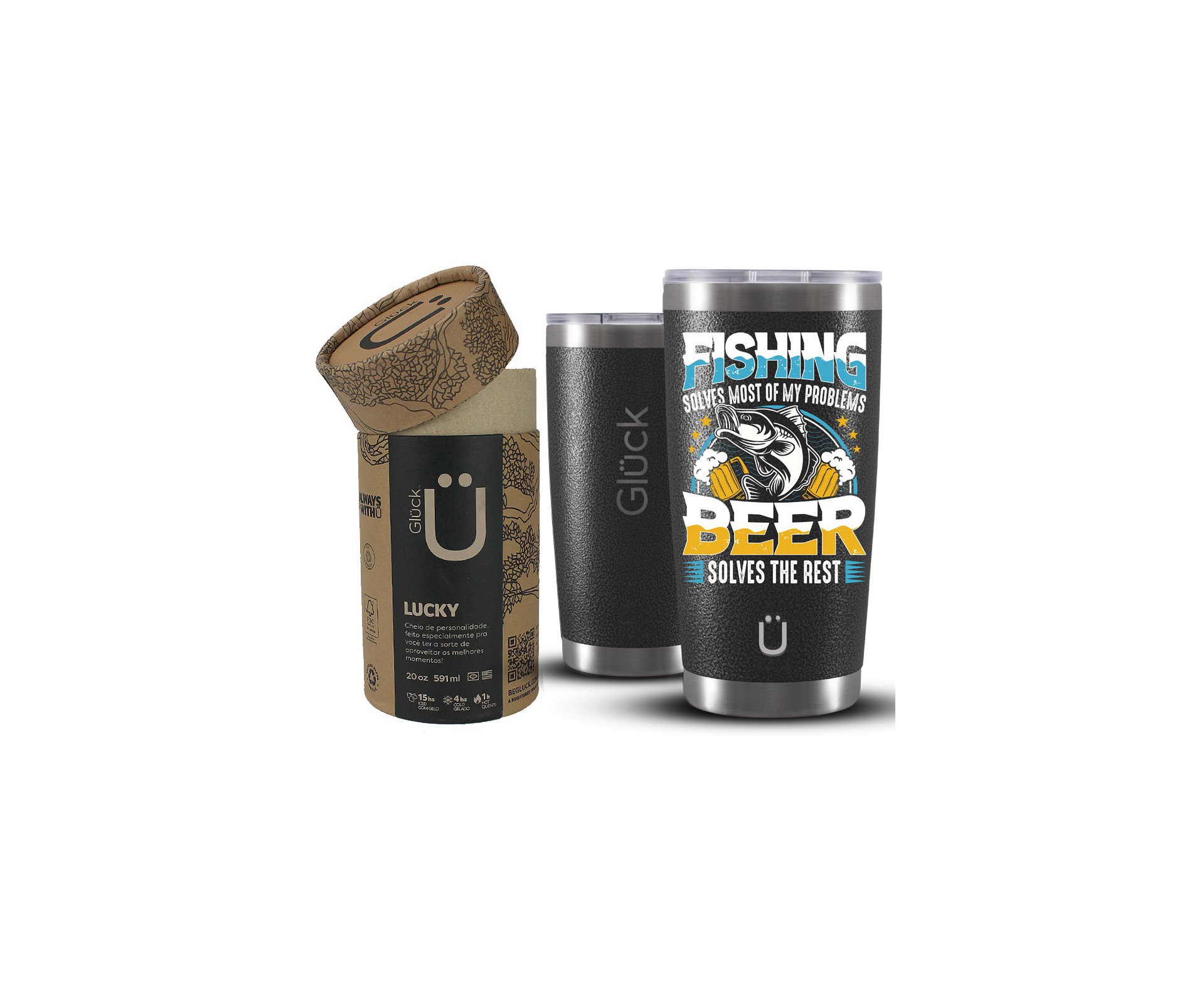 Copo Térmico Gluck Para Cerveja Lucky Future Fishing & Beer Solves 591ml Inox Hammer Black