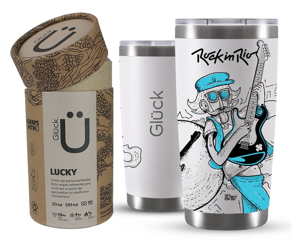 Copo Térmico Gluck Para Cerveja Lucky Future Rock In Rio Guitar 591ml Off White