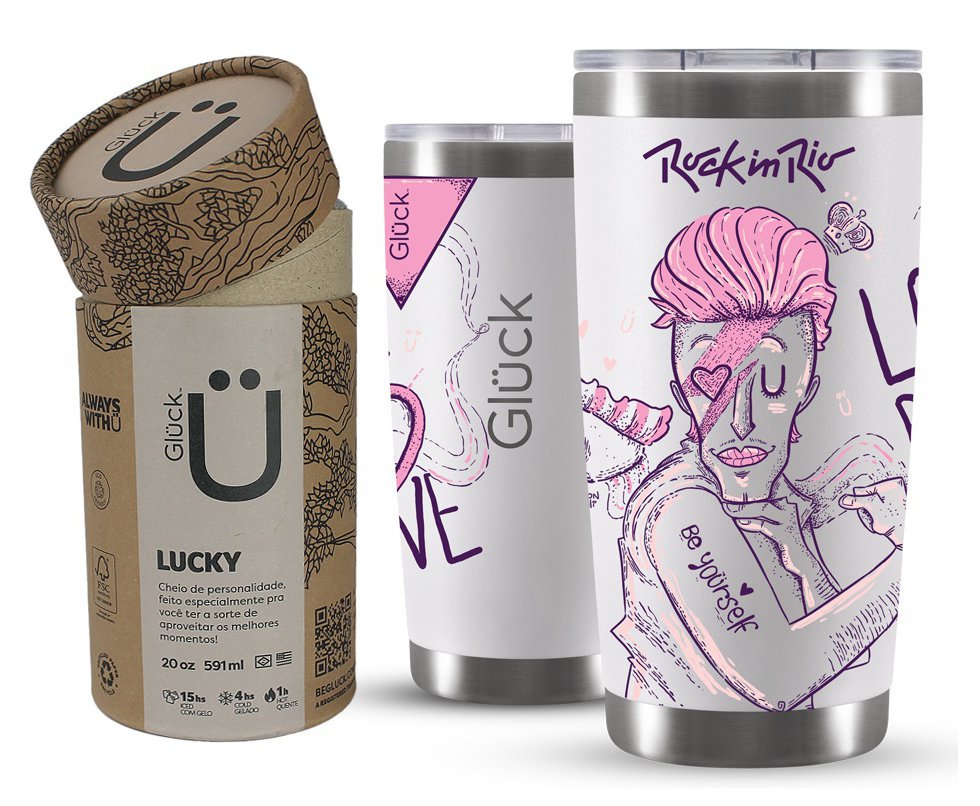 Copo Térmico Gluck Para Cerveja Lucky Future Rock In Rio Be Yourself 591ml Off White