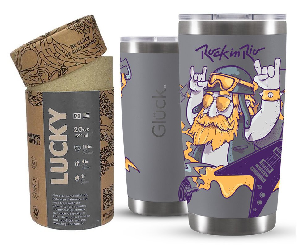 Copo Térmico Gluck Para Cerveja Lucky Future Rock In Rio Be Yourself 591ml Titanium