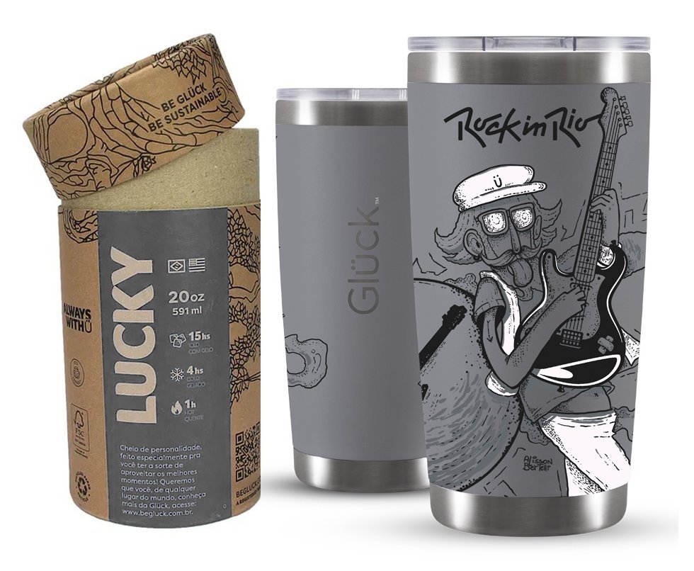 Copo Térmico Gluck Para Cerveja Lucky Future Rock In Rio Guitar 591ml Titanium
