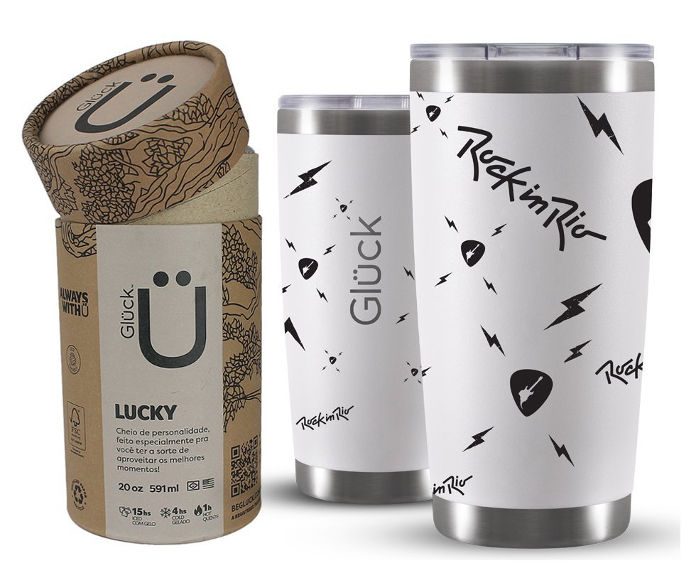 Copo Térmico Gluck Para Cerveja Lucky Future Rock In Rio Guitar Palette 591ml Off White