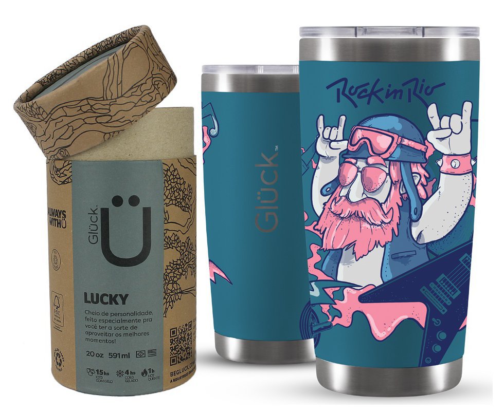 Copo Térmico Gluck Para Cerveja Lucky Future Rock In Rio Rock 591ml Porsche Blue Gluck