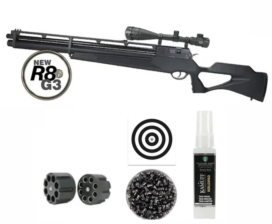 Carabina De Pressão PCP Rossi R8 G3 Black STD 6.35mm 8 Tiros + Luneta 6-24X50
