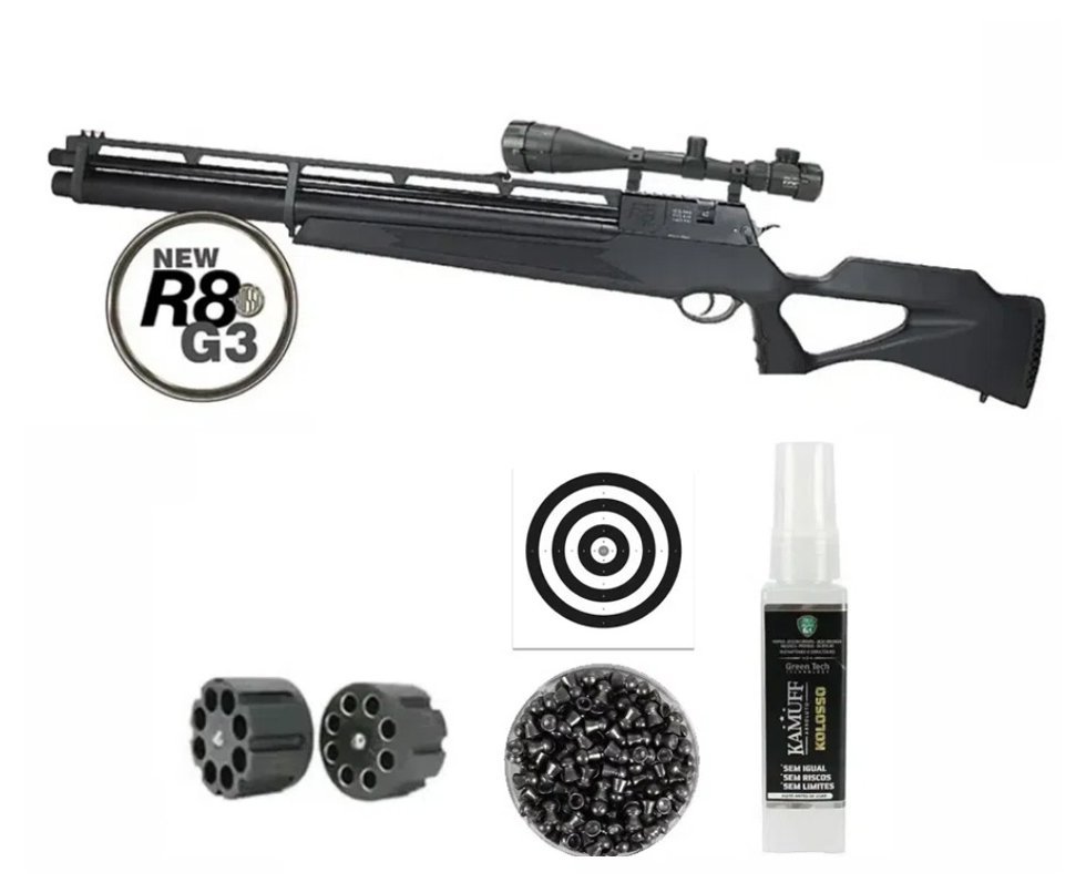 Carabina De Pressão PCP Rossi R8 G3 Black STD 6.35mm 8 Tiros + Luneta 6-24X50
