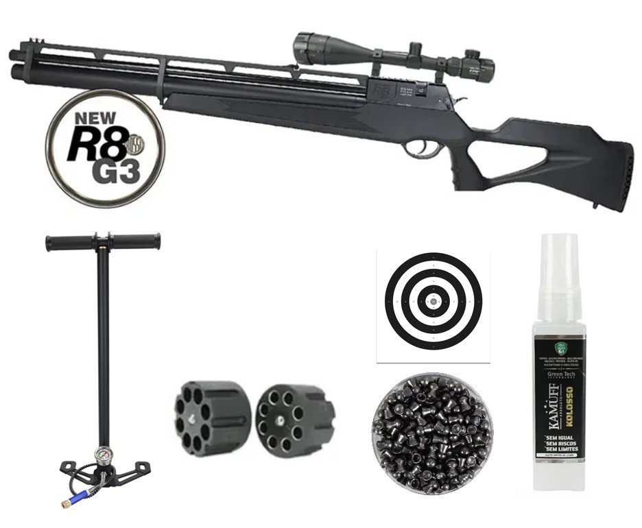 Carabina De Pressão PCP Rossi R8 G3 Black STD 6.35mm 8 Tiros + Luneta 6-24X50
